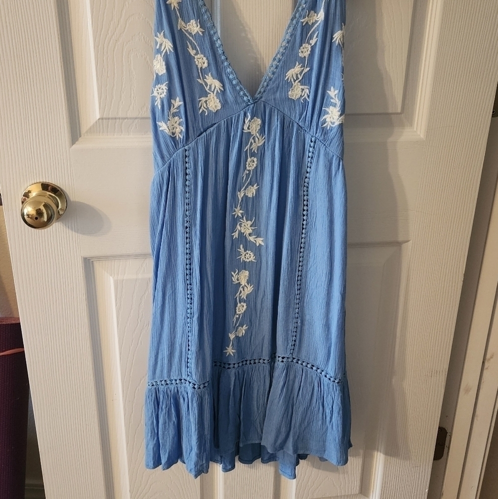 Jessica Simpson blue white embroidered tie shoulder mini dress XS - Picture 1 of 12
